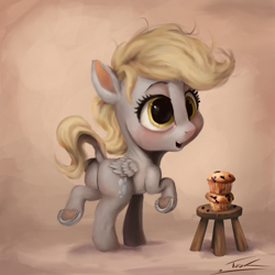 Size: 2048x2048 | Tagged: safe, derpy hooves, pegasus, pony, g4, blonde, blonde hair, blonde mane, blonde tail, butt, cross-eyed, female, food, gray coat, mare, muffin, rear view, simple background, smiling, solo, solo female, stool, tail, yellow eyes