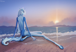 Size: 3601x2462 | Tagged: safe, artist:xilene, oc, oc only, oc:skybright bliss, anthro, unguligrade anthro, blue skin, blue swimsuit, clothes, detailed background, female, green eyes, impossibly long legs, impossibly thin arms, impossibly thin legs, long legs, ocean, open-back dress, rear view, scenery, skinny, solo, stylized, swimsuit, thin, water, white hair