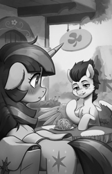 Size: 2000x3079 | Tagged: safe, artist:koviry, soarin', twilight sparkle, pegasus, pony, unicorn, fanfic:mood wings, g4, bag, black and white, blush lines, blushing, butt, commission, duo, duo male and female, equestrian stories 2024, fanfic art, female, floppy ears, food, french fries, grayscale, grin, hay fries, high res, looking at each other, looking at someone, male, mare, monochrome, outdoors, partially open wings, plot, restaurant, saddle bag, seductive look, ship:soarlight, shipping, smiling, spread wings, stallion, straight, table, unicorn twilight, wings