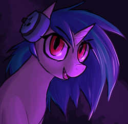 Size: 2000x1947 | Tagged: safe, artist:sleepyhoers, dj pon-3, vinyl scratch, pony, undead, unicorn, vampire, vampony, g4, bust, fangs, female, headphones, horn, looking at you, mare, open mouth, red eyes, smiling, solo, vinyl the vampire