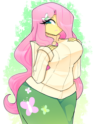 Size: 1500x2000 | Tagged: safe, artist:xan-gelx, fluttershy, butterfly, human, equestria girls, g4, 2d, blushing, breasts, clothes, cutie mark on clothes, female, hairclip, hand on breasts, long sleeves, looking at you, skirt, solo, sweater, turtleneck, turtleneck sweater, wide hips