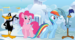 Size: 1280x697 | Tagged: safe, edit, pinkie pie, rainbow dash, bird, duck, earth pony, pegasus, pony, roadrunner, anthro, g4, anthro with ponies, cloudsdale, crossover, crossover shipping, cute, daffy duck, daffypie, dashabetes, dashrunner, diapinkes, female, group, interspecies, looney tunes, male, mare, merrie melodies, quartet, road runner, ship:daffypie, ship:dashrunner, shipping, straight