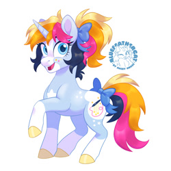 Size: 1200x1200 | Tagged: safe, artist:bluefeathercat, oc, oc only, oc:stardust sketches, pony, unicorn, bow, coat markings, facial markings, female, freckles, hair bow, horn, looking at you, mare, mealy mouth (coat marking), multicolored mane, raised hoof, smiling, smiling at you, socks (coat markings), star freckles, star mark, stars, tail, tail bow