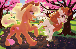 Size: 2000x1294 | Tagged: safe, artist:bluefeathercat, applejack, autumn blaze, earth pony, kirin, pony, g4, cloven hooves, falling petals, female, fetlock tuft, mare, petals, running, tree, underhoof