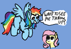 Size: 781x537 | Tagged: safe, artist:zoeyhorse, fluttershy, rainbow dash, pegasus, pony, g4, blue background, dialogue, duo, duo female, female, flying, implied vomit, lesbian, mare, open mouth, open smile, ship:flutterdash, shipping, simple background, smiling, speech bubble, spread wings, wings