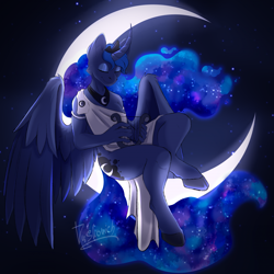 Size: 1920x1920 | Tagged: safe, artist:duskovich, princess luna, alicorn, anthro, unguligrade anthro, g4, clothes, crescent moon, crown, curved horn, eyes closed, female, hooves, horn, jewelry, lyre, moon, musical instrument, night, playing, regalia, sitting, solo, spread wings, stars, tangible heavenly object, wings