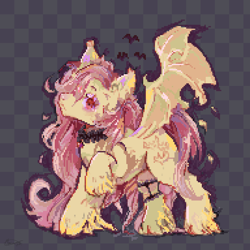 Size: 768x768 | Tagged: safe, artist:brila, fluttershy, bat pony, pony, g4, bat ponified, checkered background, choker, digital art, female, flutterbat, garter, looking at you, mare, pixel art, race swap, raised hoof, solo, spread wings, unshorn fetlocks, wings