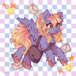 Size: 512x512 | Tagged: safe, artist:brila, derpy hooves, pegasus, pony, g4, bag, checkered background, digital art, envelope, female, flying, mailbag, mare, pixel art, smiling, solo, unshorn fetlocks