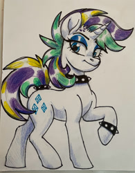 Size: 1560x2000 | Tagged: safe, artist:bluefeathercat, rarity, pony, unicorn, g4, alternate hairstyle, choker, eyeshadow, female, horn, looking at you, makeup, mare, punk, raised hoof, raripunk, solo, spiked choker, spiked tail band, spiked wristband, tail band, traditional art, wristband