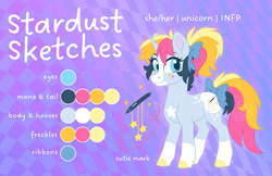 Size: 1999x1296 | Tagged: safe, artist:bluefeathercat, oc, oc only, oc:stardust sketches, pony, unicorn, bow, coat markings, facial markings, female, freckles, hair bow, horn, looking at you, mare, mealy mouth (coat marking), multicolored mane, reference sheet, smiling, smiling at you, socks (coat markings), solo, star freckles, star mark, stars, tail, tail bow