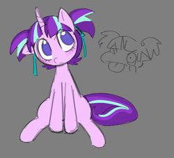 Size: 1188x1080 | Tagged: safe, artist:bonedustz, starlight glimmer, pony, unicorn, g4, :c, >:c, akanbe, alternate hairstyle, closed mouth, eyebrows, eyebrows visible through hair, eyelid pull, female, filly, foal, frown, full body, hair ribbon, head tilt, horn, looking at you, multiple views, no pupils, one ear down, one eye closed, pigtails, ribbon, short mane, sitting, solo, tongue out, younger