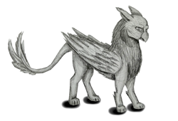 Size: 2708x1840 | Tagged: safe, artist:rysunkowasucharia, oc, oc only, griffon, black and white, grayscale, leonine tail, male, monochrome, old art, simple background, solo, tail, traditional art, white background