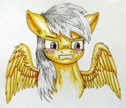 Size: 2328x1998 | Tagged: safe, artist:rysunkowasucharia, oc, oc only, pegasus, pony, blushing, female, gritted teeth, mare, old art, solo, spread wings, teeth, traditional art, wings