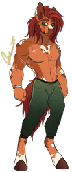 Size: 806x1927 | Tagged: safe, artist:trashpanda czar, oc, oc only, oc:crimson vircyne, earth pony, anthro, unguligrade anthro, arm band, belly, belly button, cheek fluff, chest fluff, chin fluff, clothes, coat markings, ear fluff, earth pony oc, eye scar, eyebrows, facial scar, hair bun, jewelry, looking at you, male, pants, procreate app, ring, scar, shoulder fluff, sideburns, signature, simple background, sweatpants, transparent background