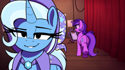 Size: 1366x768 | Tagged: safe, artist:thebatfang, amethyst star, sparkler, trixie, pony, unicorn, g4, cape, clothes, female, hat, horn, mare, scenery, smiling, smug, stage, trixie's cape, trixie's hat