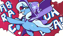 Size: 1366x768 | Tagged: safe, artist:thebatfang, trixie, pony, unicorn, g3, g4, abracadabra, cape, clothes, female, hat, horn, looking at you, mare, smiling, solo, solo female, trixie's cape, trixie's hat