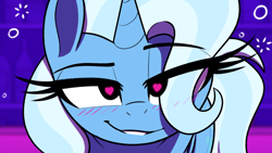 Size: 1366x768 | Tagged: safe, artist:thebatfang, trixie, pony, unicorn, g4, bedroom eyes, blushing, drunk, female, heart, heart eyes, horn, lip bite, looking at you, mare, smiling, smiling at you, solo, wingding eyes