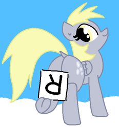 Size: 455x491 | Tagged: safe, artist:purblehoers, derpy hooves, pegasus, pony, g4, butt, cloud, female, holding sign, letter, looking back, mare, plot, r, sky, smiling, solo, standing, text