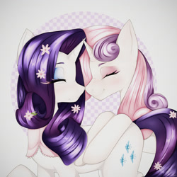 Size: 2700x2700 | Tagged: safe, artist:affeliii, rarity, sweetie belle, pony, unicorn, g4, eyes closed, female, flower, flower in hair, horn, siblings, sisters