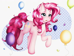 Size: 3536x2700 | Tagged: safe, artist:affeliii, pinkie pie, earth pony, pony, g4, :p, abstract background, balloon, high res, raised hoof, simple background, tongue out