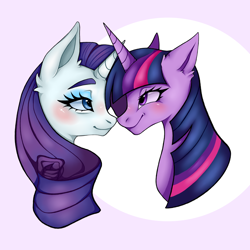 Size: 6000x6000 | Tagged: safe, artist:affeliii, rarity, twilight sparkle, pony, unicorn, g4, absurd resolution, ear fluff, female, horn, lesbian, ship:rarilight, shipping, simple background, unicorn twilight