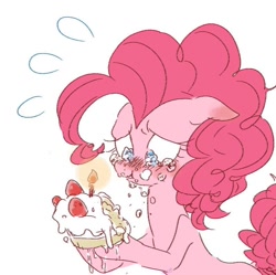 Size: 796x792 | Tagged: safe, artist:nota_mano, pinkie pie, earth pony, pony, g4, :t, blush lines, blushing, cake, candle, crying, cute, diapinkes, emanata, female, floppy ears, food, frown, holding, jpg artifacts, looking at something, mare, pinkie cry, plewds, sad, sadorable, simple background, snot, solo, strawberry, teary eyes, upper body, wavy mouth, white background