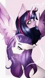 Size: 2191x3758 | Tagged: safe, artist:affeliii, rarity, twilight sparkle, alicorn, pony, unicorn, g4, glowing, glowing horn, high res, horn, redraw, spread wings, twilight sparkle (alicorn), wings