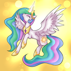 Size: 6000x6000 | Tagged: safe, artist:affeliii, princess celestia, alicorn, pony, g4, abstract background, absurd resolution, crown, eyes closed, flying, hoof shoes, jewelry, regalia, simple background