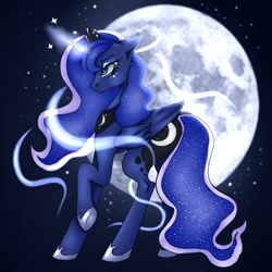 Size: 6000x6000 | Tagged: safe, artist:affeliii, princess luna, alicorn, pony, g4, absurd resolution, crown, full moon, glowing, glowing horn, horn, jewelry, moon, raised hoof, regalia, sky