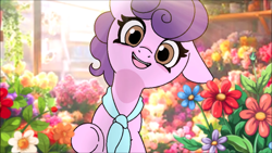 Size: 1366x768 | Tagged: safe, artist:tamers12345, suri polomare, earth pony, pony, my little pony: coco pommel has her heart stolen, g4, female, flower, looking at you, mare, open mouth, open smile, raised hoof, smiling