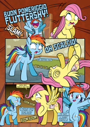 Size: 1920x2715 | Tagged: safe, artist:alexdti, artist:v-nico, fluttershy, rainbow dash, pegasus, pony, comic:how we met (italian), g4, bag, comic, dialogue, duo, duo female, female, filly, flying, foal, foaming at the mouth, folded wings, italian, lying down, on back, open mouth, partially open wings, raised hoof, saddle bag, speech bubble, spread wings, swirly eyes, talking, wings, younger