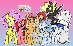 Size: 1365x867 | Tagged: safe, artist:zombiechixx, earth pony, pegasus, pony, unicorn, g4, angry, battle for dream island, bubble (battle for dream island), cap, closed mouth, colored hooves, cutie mark, fanny (battle for dream island), female, floppy ears, flower (battle for dream island), flying, gradient background, hat, hooves, horn, iance, lightning (battle for dream island), male, mare, match (battle for dream island), open mouth, open smile, pencil (battle for dream island), ponified, raised hoof, ruby (battle for dream island), smiling, snowball (battle for dream island), spread wings, stallion, tail, team, wings