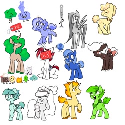 Size: 2000x2000 | Tagged: safe, artist:zombiechixx, earth pony, pegasus, pony, unicorn, g4, bandana, battle for dream island, bowtie, cake (battle for dream island), colored hooves, cutie mark, female, firey (battle for dream island), foldy (battle for dream island), glasses, glowing, glowing horn, hooves, horn, leafy (battle for dream island), leaves, loser (battle for dream island), male, mane, mare, needle (battle for dream island), pillow (battle for dream island), ponified, price tag, price tag (battle for dream island), profily (battle for dream island), raised hoof, raised leg, simple background, sitting, spread wings, stallion, standing, standing on three hooves, tail, tree (battle for dream island), white background, wings, winner (battle for dream island)