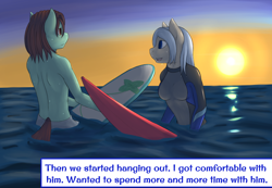 Size: 1280x887 | Tagged: safe, artist:daf, part of a set, oc, oc:cocoa, earth pony, anthro, blushing, female, male, oce, rule 63, sunset, surfboard, text