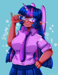 Size: 1545x2000 | Tagged: safe, artist:mylittleyuri, twilight sparkle, human, g4, alicorn humanization, big breasts, blush lines, blushing, breasts, busty twilight sparkle, clothes, dark skin, elf ears, eyebrows, eyebrows visible through hair, female, glasses, hand on hip, horn, horned humanization, humanized, looking at you, necktie, simple background, smiling, smiling at you, solo, teal background, winged humanization, wings