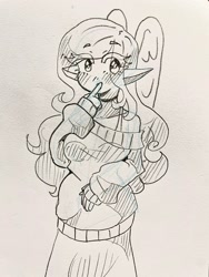 Size: 1500x2000 | Tagged: safe, artist:mylittleyuri, fluttershy, human, g4, blush lines, blushing, breasts, busty fluttershy, clothes, elf ears, eyebrows, eyebrows visible through hair, female, grayscale, humanized, monochrome, off shoulder, off shoulder sweater, pencil drawing, solo, sweater, sweatershy, traditional art, winged humanization, wings