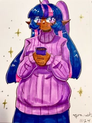 Size: 1500x2000 | Tagged: safe, artist:mylittleyuri, twilight sparkle, human, g4, alicorn humanization, breasts, busty twilight sparkle, chocolate, clothes, colored pencil drawing, dark skin, elf ears, female, food, horn, horned humanization, hot chocolate, humanized, marker drawing, mug, smiling, snaggletooth, solo, sparkles, traditional art, turtleneck, winged humanization, wings