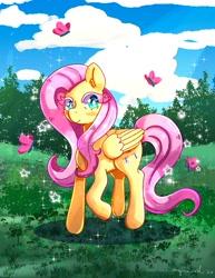 Size: 1545x2000 | Tagged: safe, artist:mylittleyuri, fluttershy, butterfly, pegasus, pony, g4, blush lines, blushing, cute, female, heart, heart eyes, long eyelashes, outdoors, shyabetes, smiling, solo, standing on two hooves, white pupils, wingding eyes