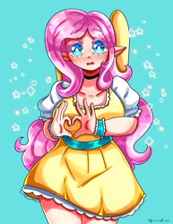 Size: 1545x2000 | Tagged: safe, artist:mylittleyuri, fluttershy, human, g4, big breasts, blush lines, blushing, breasts, busty fluttershy, clothes, dress, elf ears, female, heart, heart eyes, heart hands, humanized, light skin, looking at you, open mouth, simple background, teal background, white pupils, wingding eyes, winged humanization, wings