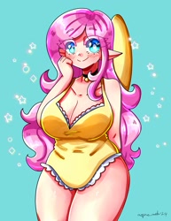 Size: 1545x2000 | Tagged: safe, artist:mylittleyuri, fluttershy, human, g4, big breasts, blush lines, blushing, breasts, busty fluttershy, choker, cleavage, clothes, elf ears, eyebrows, eyebrows visible through hair, female, heart, heart eyes, humanized, light skin, looking at you, one-piece swimsuit, simple background, smiling, smiling at you, solo, swimsuit, teal background, white pupils, wingding eyes