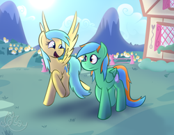 Size: 2000x1552 | Tagged: safe, artist:ossilia flawol, sunshower raindrops, oc, oc:crafted copy, pegasus, g4, detailed background, duo, duo female, female, flying, pegasus oc, ponyville