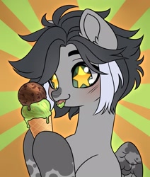 Size: 1835x2160 | Tagged: safe, artist:konejo, oc, oc only, pegasus, pony, blushing, bust, food, ice cream, ice cream on tongue, looking at something, mlem, silly, solo, spots, starry eyes, tongue out, two toned hair, wingding eyes, wip