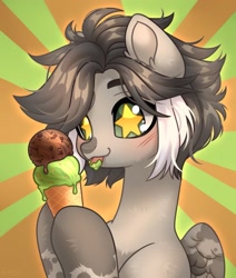 Size: 1835x2160 | Tagged: safe, artist:konejo, oc, oc only, pegasus, pony, g4, blushing, bust, coat markings, facial markings, food, ice cream, ice cream on tongue, looking at something, mlem, signature, silly, snip (coat marking), solo, spots, starry eyes, sunburst background, tongue out, two toned hair, wingding eyes