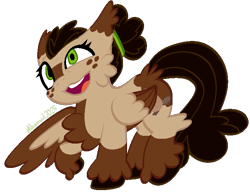 Size: 677x523 | Tagged: safe, artist:kharmacal, oc, oc only, oc:eager beaver, pegasus, pony, anisocoria, blaze (coat marking), butt fluff, cheek fluff, chest fluff, coat markings, colored wings, ear fluff, facial markings, freckles, green eyes, hair bun, leg fluff, one wing out, pegasus oc, raised hoof, simple background, solo, transparent background, two toned wings, unshorn fetlocks, wings