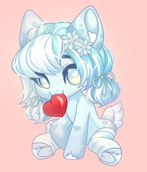 Size: 1841x2160 | Tagged: safe, artist:konejo, pony, :3, clothes, ear fluff, heart, heart eyes, horn, looking at you, mouth hold, signature, simple background, sitting, socks, solo, spots, striped socks, two toned coat, two toned mane, underhoof, wingding eyes