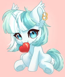 Size: 1823x2160 | Tagged: safe, artist:konejo, pony, unicorn, g4, :3, ear fluff, ear piercing, heart, horn, looking at you, mouth hold, piercing, signature, simple background, sitting, solo, tail, two toned mane, two toned tail, underhoof