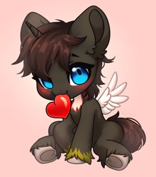 Size: 1897x2160 | Tagged: safe, artist:konejo, alicorn, pony, g4, :3, ear fluff, heart, horn, looking at you, mouth hold, signature, simple background, sitting, solo, spread wings, underhoof, wings