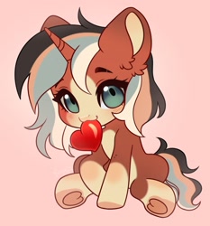 Size: 2011x2160 | Tagged: safe, artist:konejo, pony, unicorn, g4, :3, ear fluff, heart, horn, looking at you, mouth hold, multicolored mane, multicolored tail, signature, simple background, sitting, solo, tail, two toned coat, underhoof