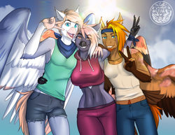 Size: 3300x2550 | Tagged: safe, artist:askbubblelee, oc, oc only, oc:firefly, oc:singe, oc:tailspin, hippogriff, hybrid, pegasus, anthro, unguligrade anthro, anthro oc, bandana, belly, belly button, breasts, clothes, cousins, digital art, female, group photo, hippogriff oc, hybrid oc, male, mare, peace sign, pegasus oc, shirt, shorts, smiling, stallion, sun, wings