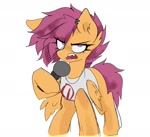 Size: 1670x1523 | Tagged: safe, artist:madiwann, scootaloo, pegasus, pony, g4, angry, boyfriend (friday night funkin), clothed ponies, clothes, cosplay, costume, defiant, ear fluff, ear piercing, fangs, female, filly, fluffy mane, foal, looking at you, metal, microphone, orange coat, piercing, punk, purple eyes, purple mane, shirt, simple background, singing, solo, wings